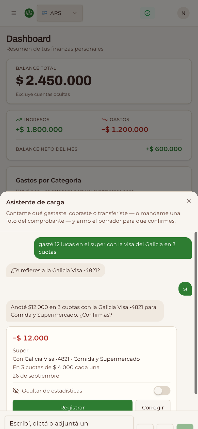 Chat de carga con IA mostrando un gasto listo para confirmar