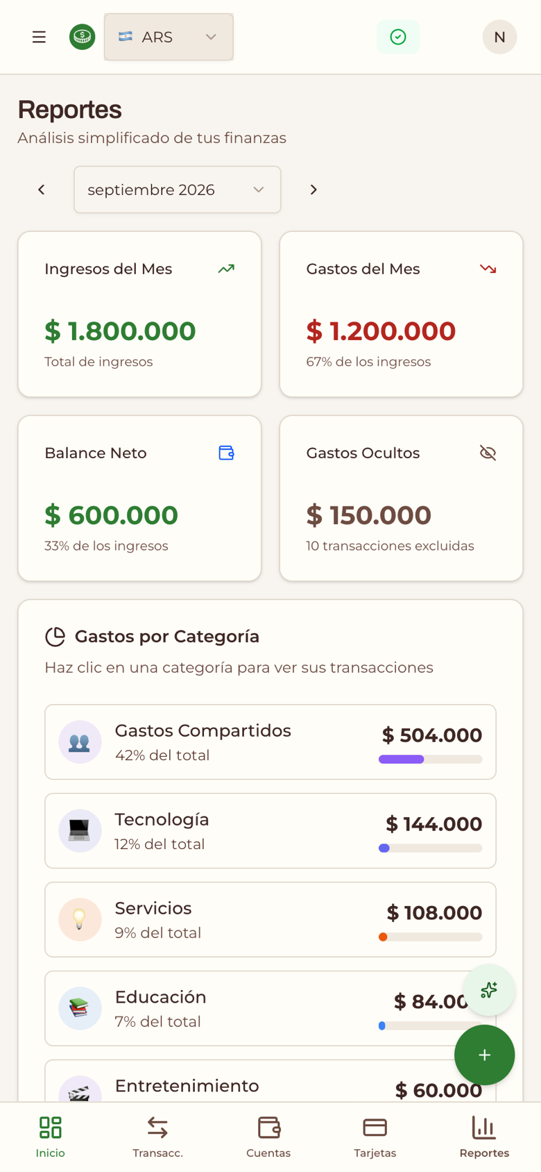 Reportes mensuales con flujo de ingresos y gastos