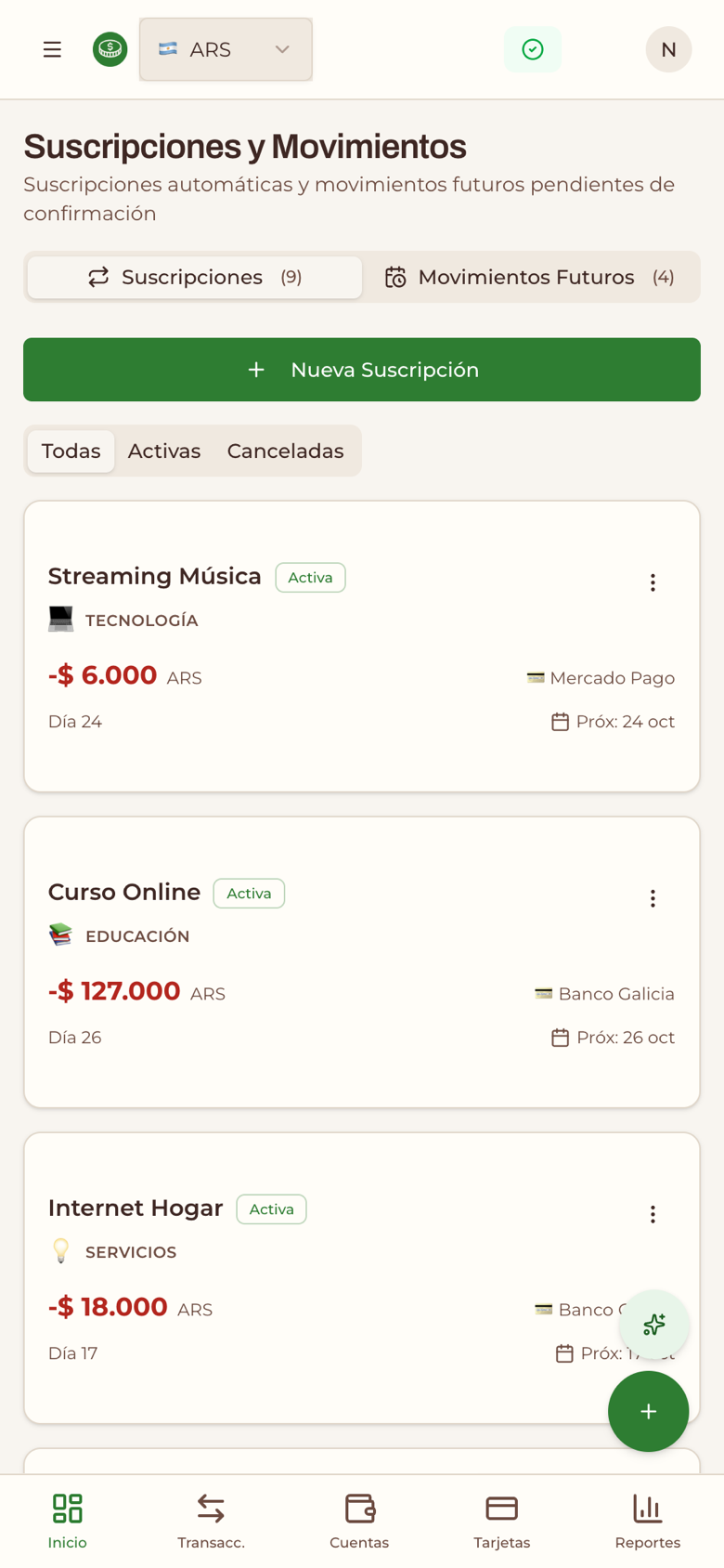 Suscripciones y movimientos futuros programados