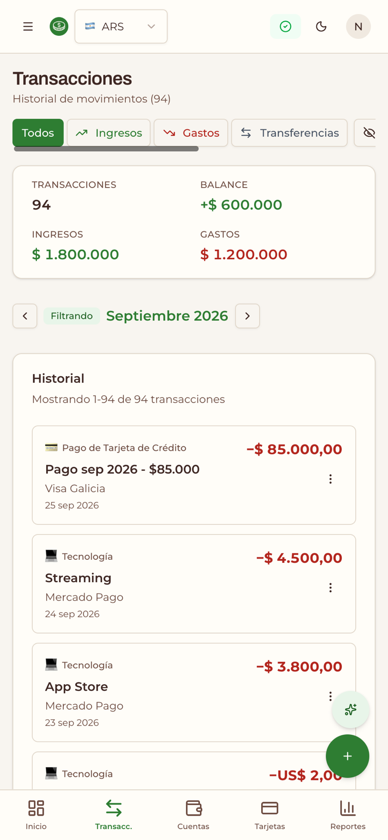 Listado de movimientos del mes en Chirolas